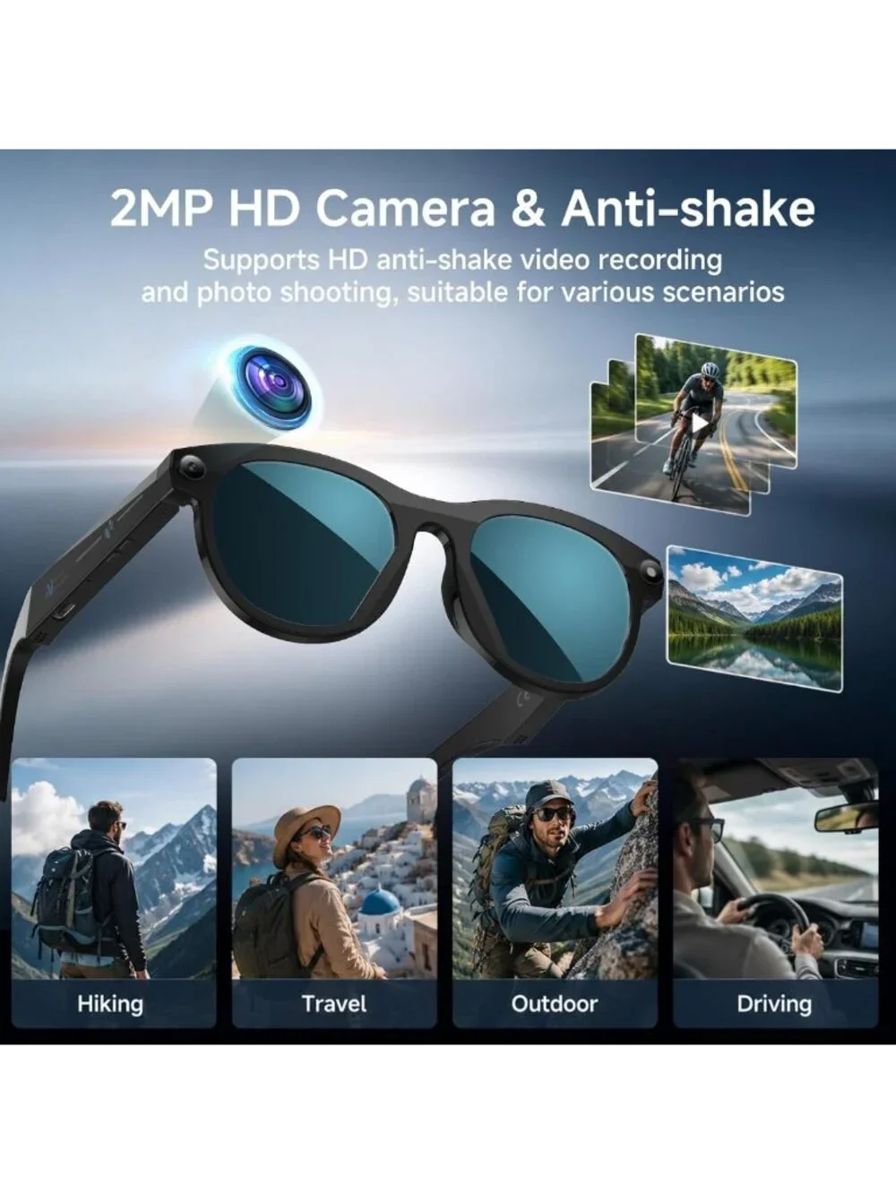 Smart Glasses with 2MP Camera, HD Video, Bluetooth Calls, Voice Assistant